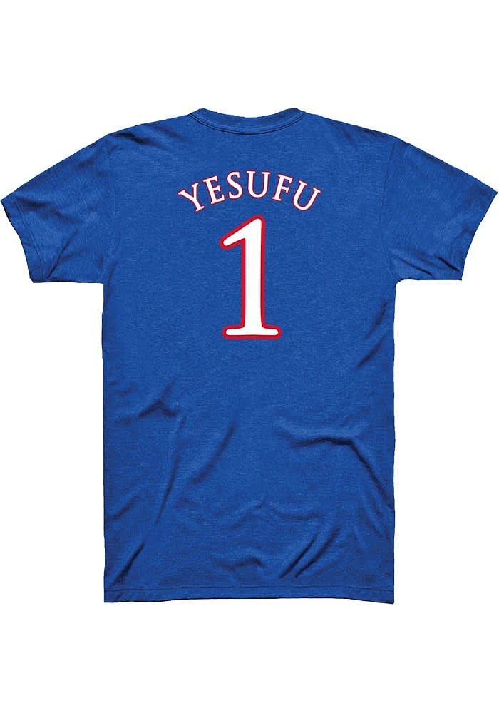 Joseph Yesufu Kansas Jayhawks Blue Basketball Player Name and Number Short Sleeve T Shirt