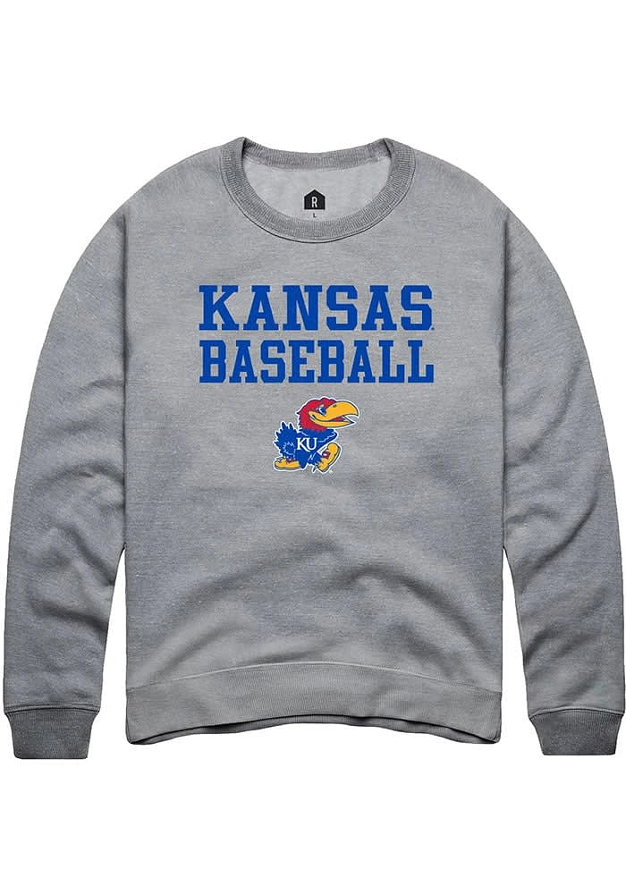 Rally Kansas Jayhawks Mens Grey Baseball Stacked Long Sleeve Crew Sweatshirt