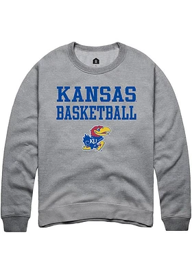 Rally Kansas Jayhawks Mens Grey Basketball Stacked Long Sleeve Crew Sweatshirt