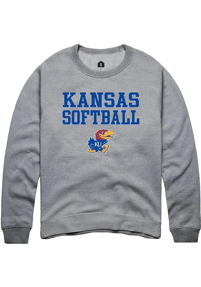 Rally Kansas Jayhawks Mens Grey Softball Stacked Long Sleeve Crew Sweatshirt