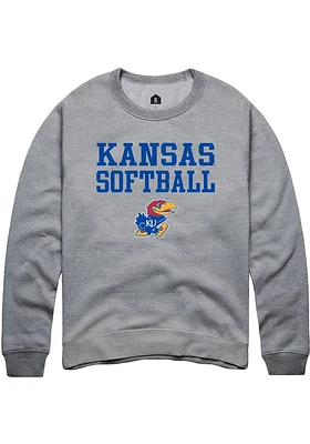 Rally Kansas Jayhawks Mens Grey Softball Stacked Long Sleeve Crew Sweatshirt