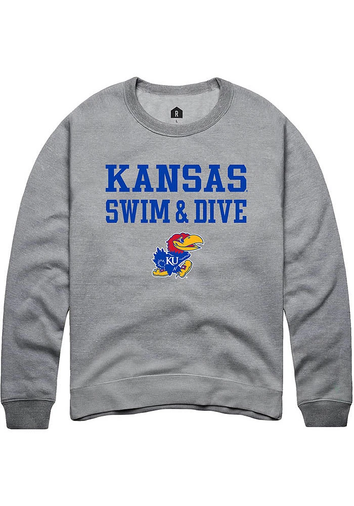 Rally Kansas Jayhawks Mens Grey Swim and Dive Stacked Long Sleeve Crew Sweatshirt