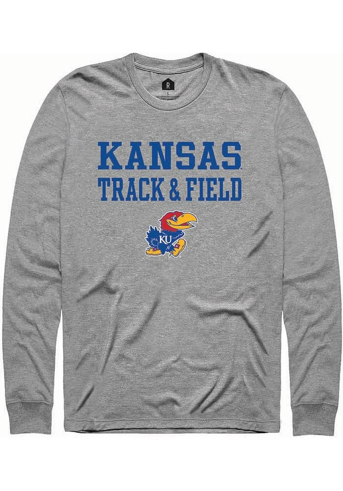 Rally Kansas Jayhawks Grey Track and Field Stacked Long Sleeve T Shirt