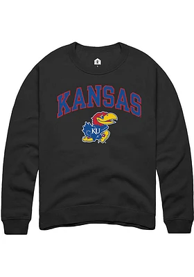 Rally Kansas Jayhawks Mens Black Arch Mascot Long Sleeve Crew Sweatshirt