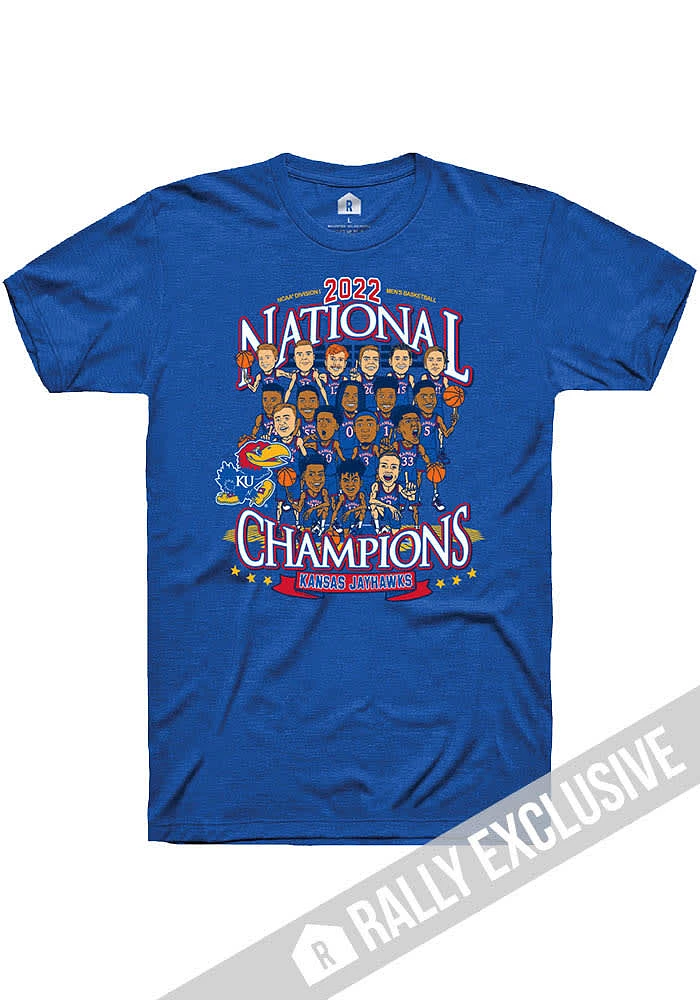 Rally Kansas Jayhawks Blue 2022 National Champions NIL Caricature Basketball Short Sleeve T Shirt