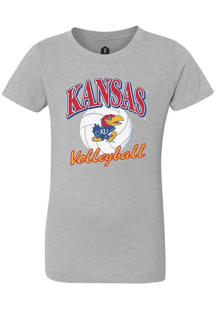 Rally Kansas Jayhawks Girls Grey Volleyball Script Short Sleeve Tee