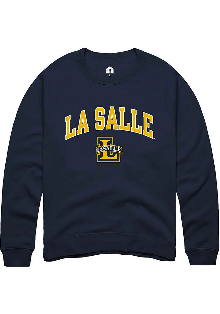 Rally La Salle Explorers Mens Navy Blue Arched Mascot Long Sleeve Crew Sweatshirt