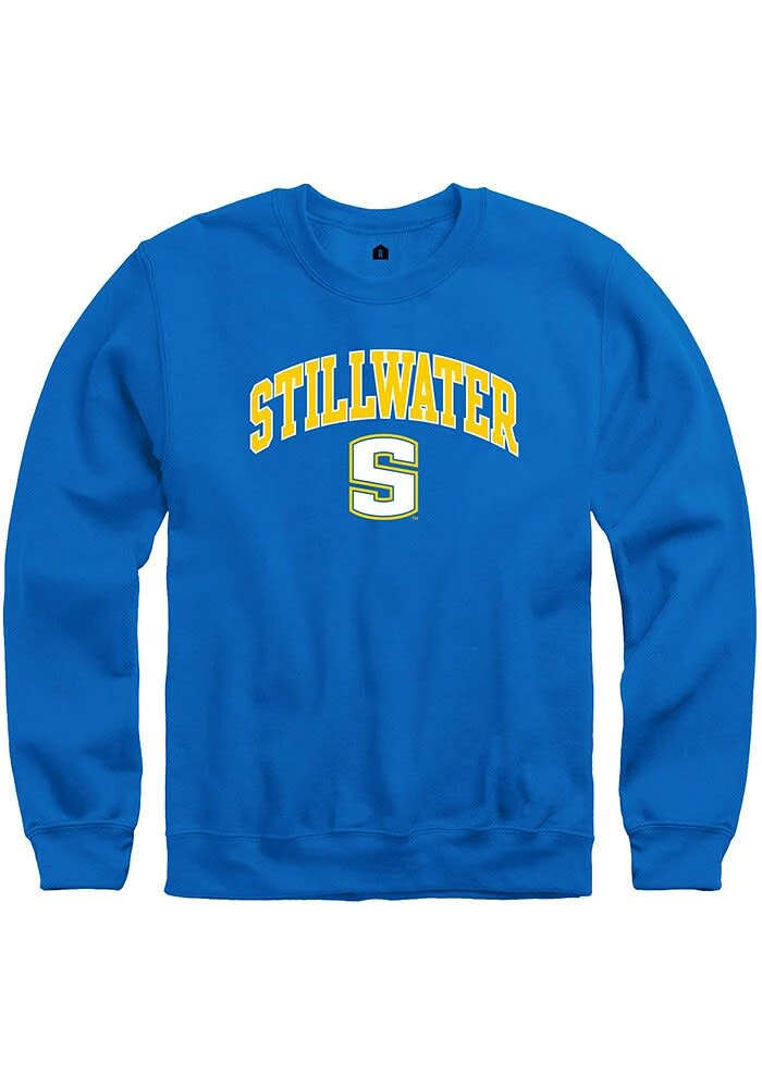 Rally Stillwater High School Pioneers Mens Blue Arch Mascot Long Sleeve Crew Sweatshirt