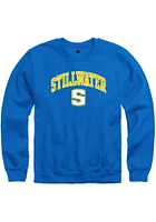 Rally Stillwater High School Pioneers Mens Blue Arch Mascot Long Sleeve Crew Sweatshirt