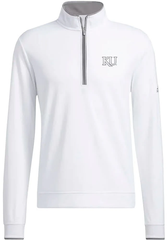Rally Kansas Jayhawks Mens White Adidas Golf Trajan Logo Long Sleeve Qtr Zip Pullover