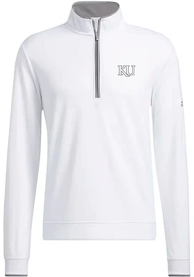 Rally Kansas Jayhawks Mens White Adidas Golf Trajan Logo Long Sleeve Qtr Zip Pullover