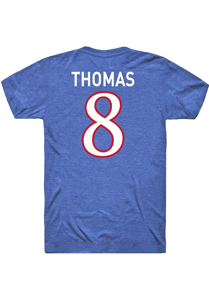 Ky Thomas Kansas Jayhawks Blue Football Name and Number Short Sleeve Player T Shirt