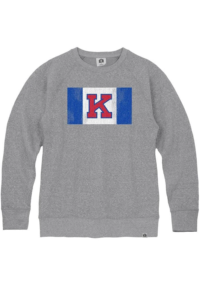 Rally Kansas Jayhawks Mens Grey Distressed Flag Triblend Long Sleeve Fashion Sweatshirt