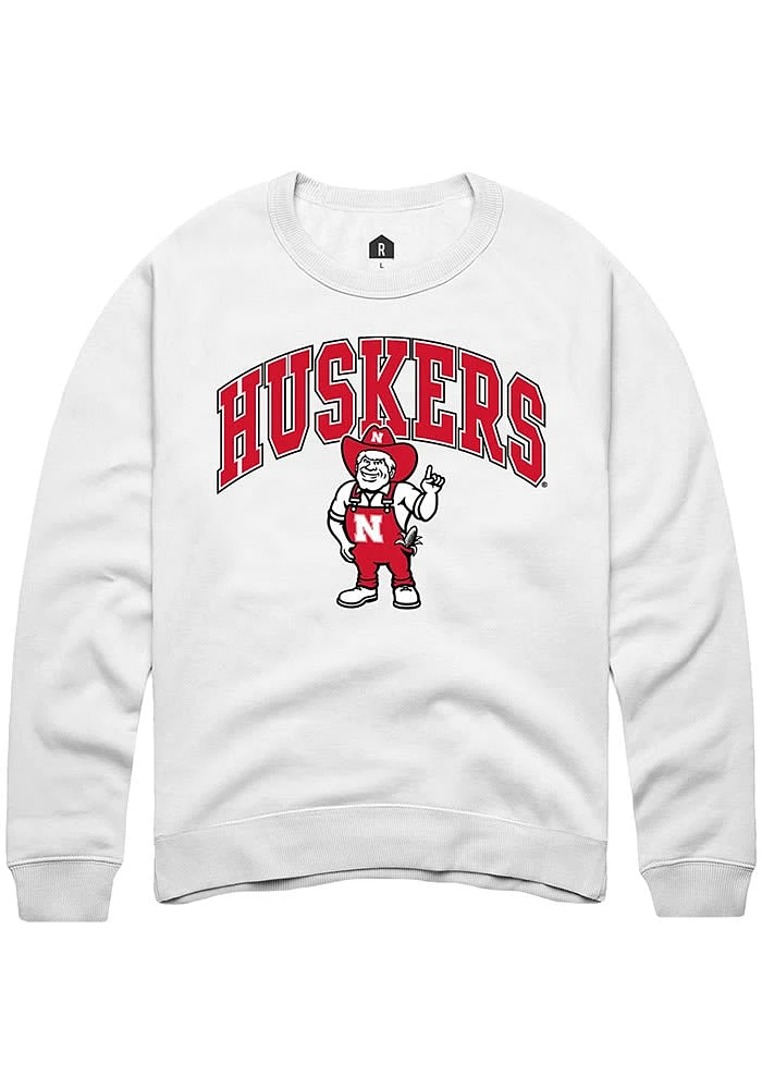 Rally Nebraska Cornhuskers Mens White Arched Mascot Long Sleeve Crew Sweatshirt