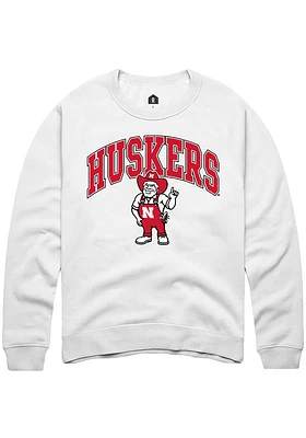 Rally Nebraska Cornhuskers Mens White Arched Mascot Long Sleeve Crew Sweatshirt