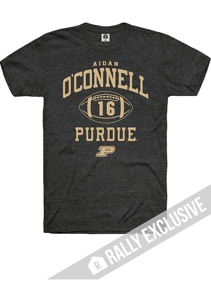 Aidan O'Connell Purdue Boilermakers Black Rally Football Player Name and Number Short Sleeve T Sh..