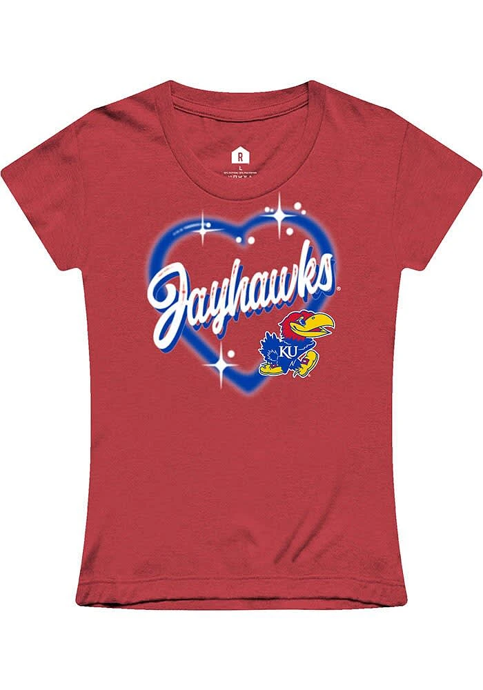 Rally Kansas Jayhawks Girls Red Airbrush Heart Short Sleeve Tee
