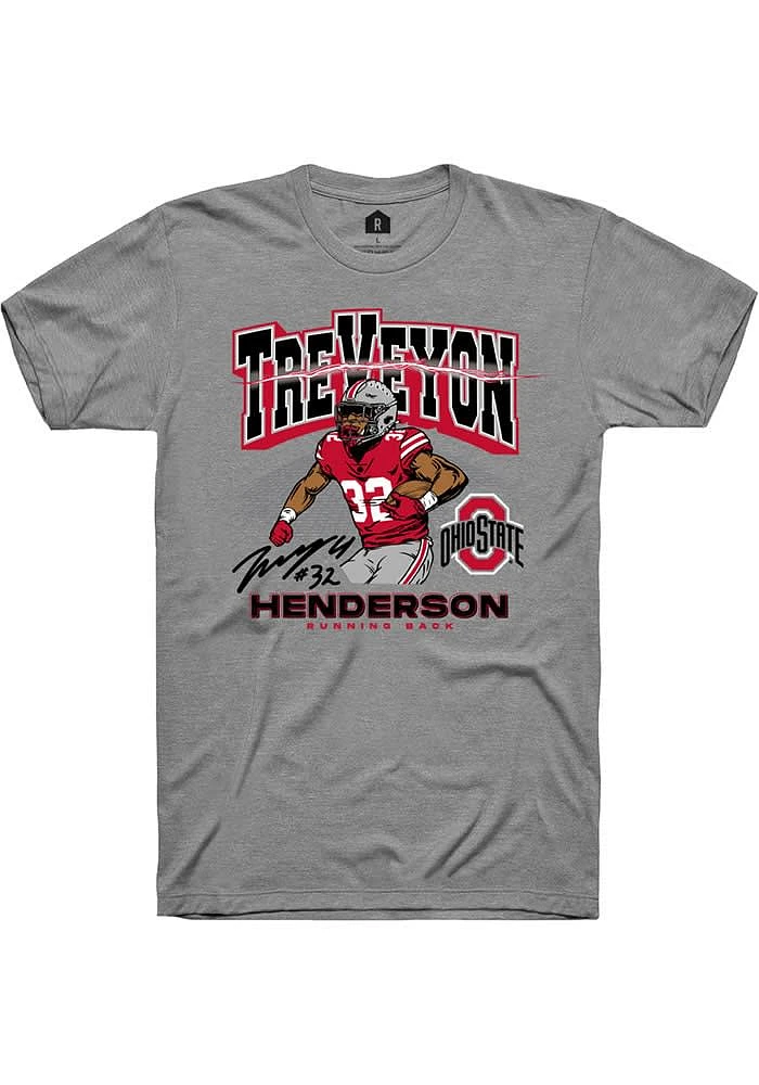 TreVeyon Henderson Ohio State Buckeyes Grey Caricature Short Sleeve Player T Shirt