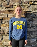 Michigan Wolverines Navy Blue Arch Mascot Long Sleeve Fashion T Shirt