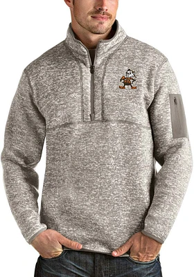 Brownie  Antigua Cleveland Browns Mens Oatmeal Fortune Long Sleeve Qtr Zip Pullover