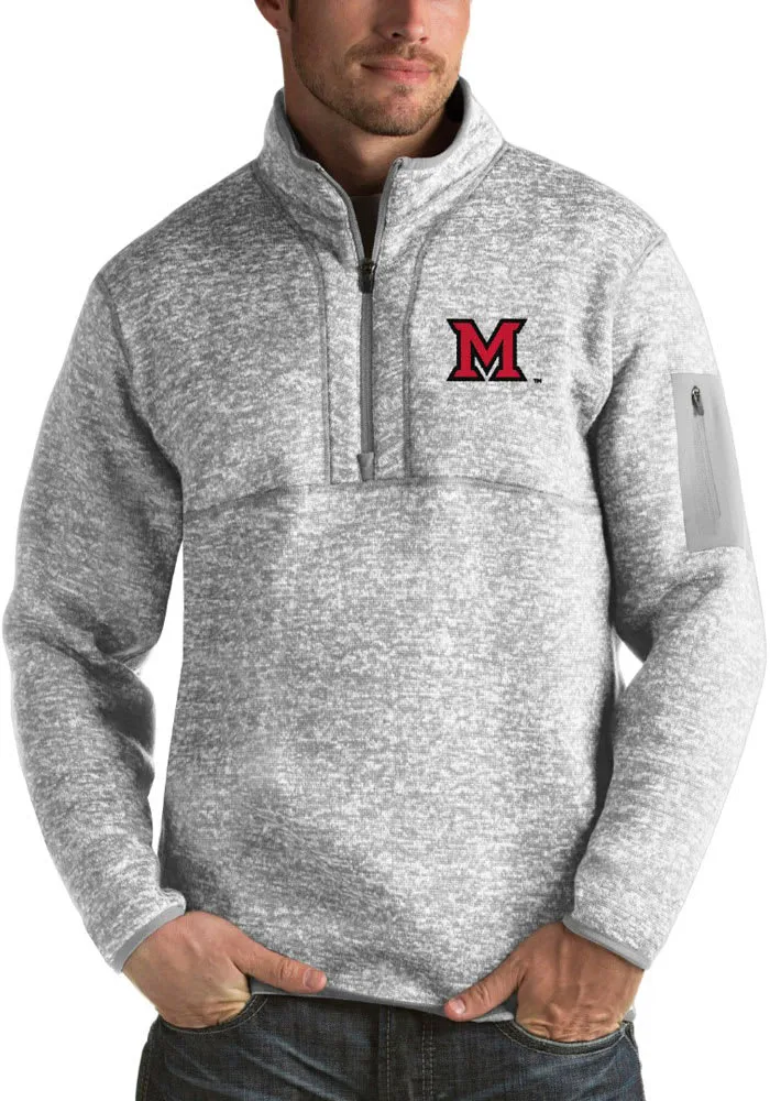 Antigua Miami RedHawks Mens Grey Fortune Long Sleeve Qtr Zip Pullover