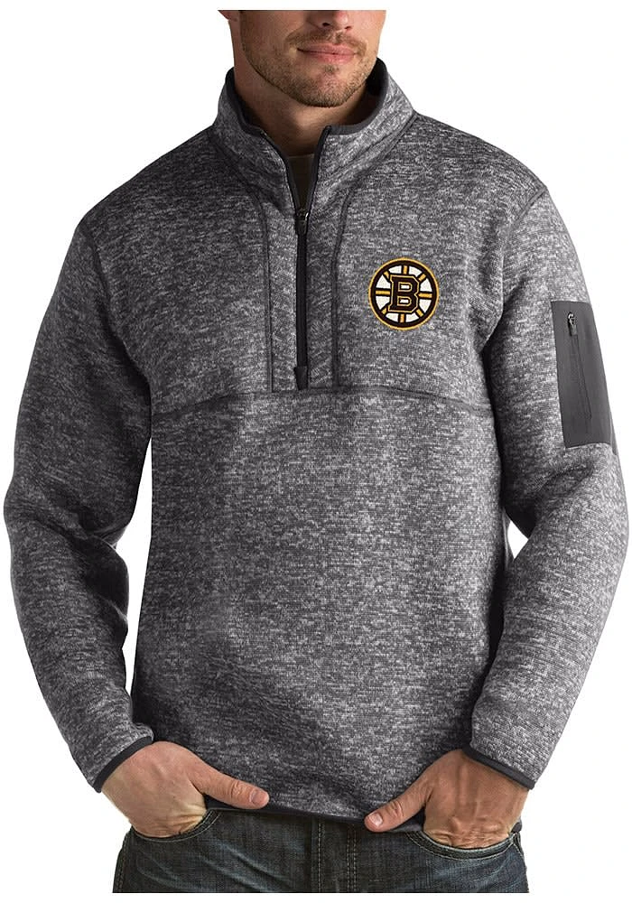 Antigua Boston Bruins Mens Grey Fortune Long Sleeve Qtr Zip Pullover