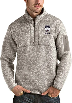 Antigua UConn Huskies Mens Oatmeal Fortune Long Sleeve Qtr Zip Pullover