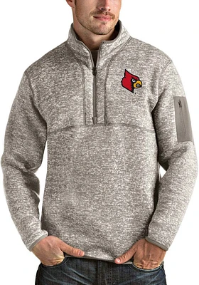Antigua Louisville Cardinals Mens Oatmeal Fortune Long Sleeve Qtr Zip Pullover