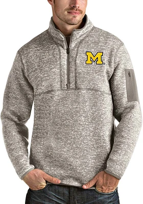 Antigua Michigan Wolverines Mens Oatmeal Fortune Long Sleeve Qtr Zip Pullover