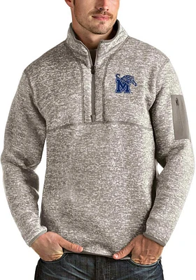 Antigua Memphis Tigers Mens Oatmeal Fortune Long Sleeve Qtr Zip Pullover