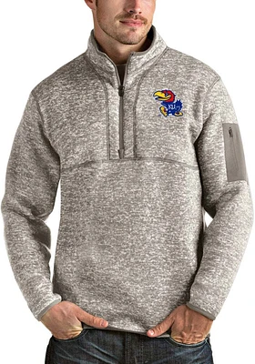 Antigua Kansas Jayhawks Mens Oatmeal Logo Fortune Long Sleeve Qtr Zip Pullover