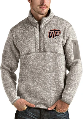 Antigua UTEP Miners Mens Oatmeal Fortune Long Sleeve Qtr Zip Pullover