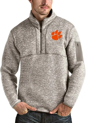 Antigua Clemson Tigers Mens Oatmeal Fortune Long Sleeve Qtr Zip Pullover