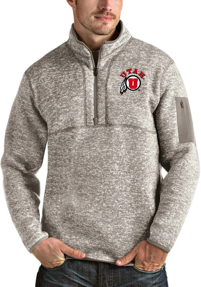 Antigua Utah Utes Mens Oatmeal Fortune Long Sleeve Qtr Zip Pullover