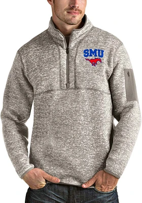 Antigua SMU Mustangs Mens Oatmeal Fortune Long Sleeve Qtr Zip Pullover