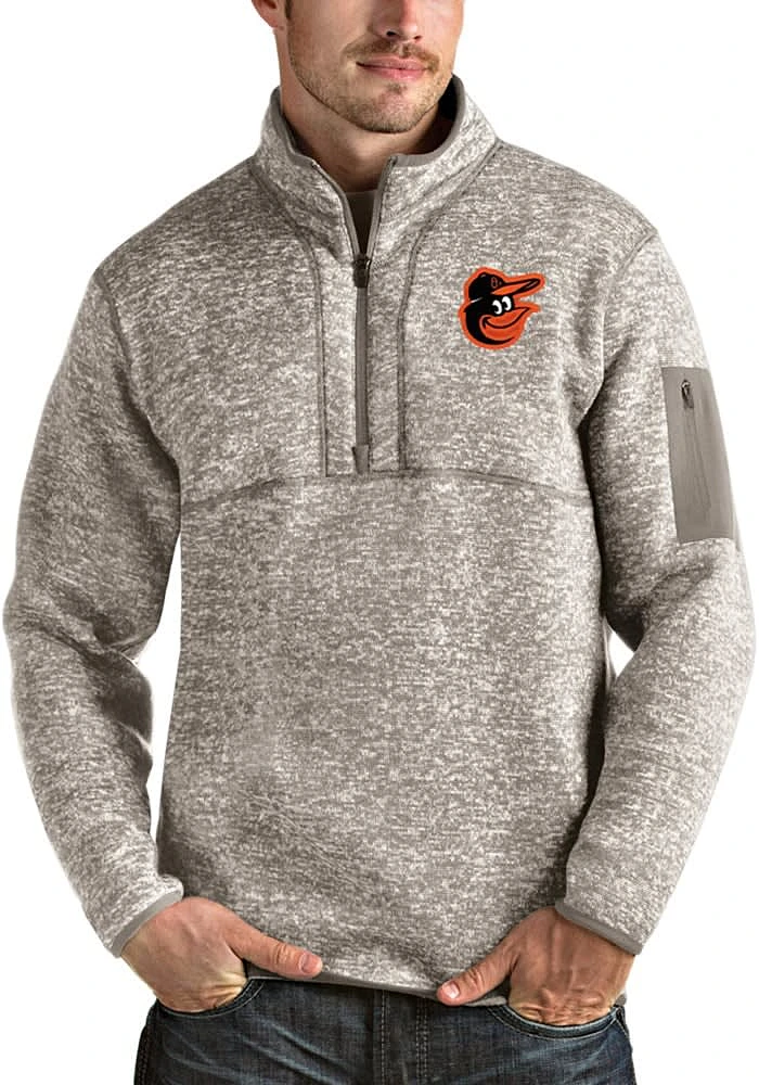 Antigua Baltimore Orioles Mens Oatmeal Fortune Long Sleeve Qtr Zip Pullover