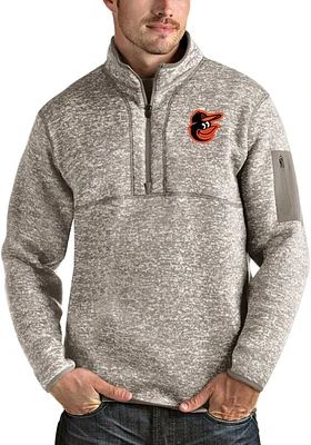 Antigua Baltimore Orioles Mens Oatmeal Fortune Long Sleeve Qtr Zip Pullover