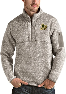 Antigua Oakland Athletics Mens Oatmeal Fortune Long Sleeve Qtr Zip Pullover