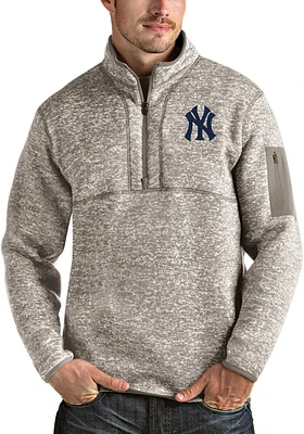 Antigua New York Yankees Mens Oatmeal Fortune Long Sleeve Qtr Zip Pullover