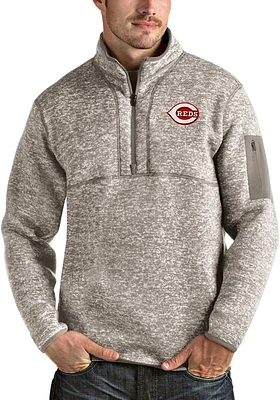 Antigua Cincinnati Reds Mens Oatmeal Fortune Long Sleeve 1/4 Zip Pullover