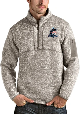 Antigua Miami Marlins Mens Oatmeal Fortune Long Sleeve Qtr Zip Pullover