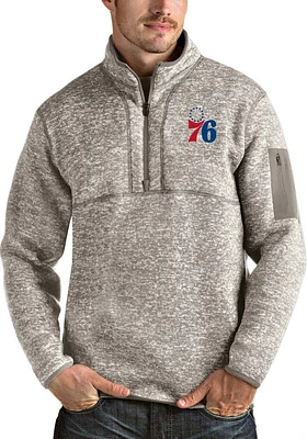 Antigua Philadelphia 76ers Mens Oatmeal Fortune Long Sleeve Qtr Zip Pullover