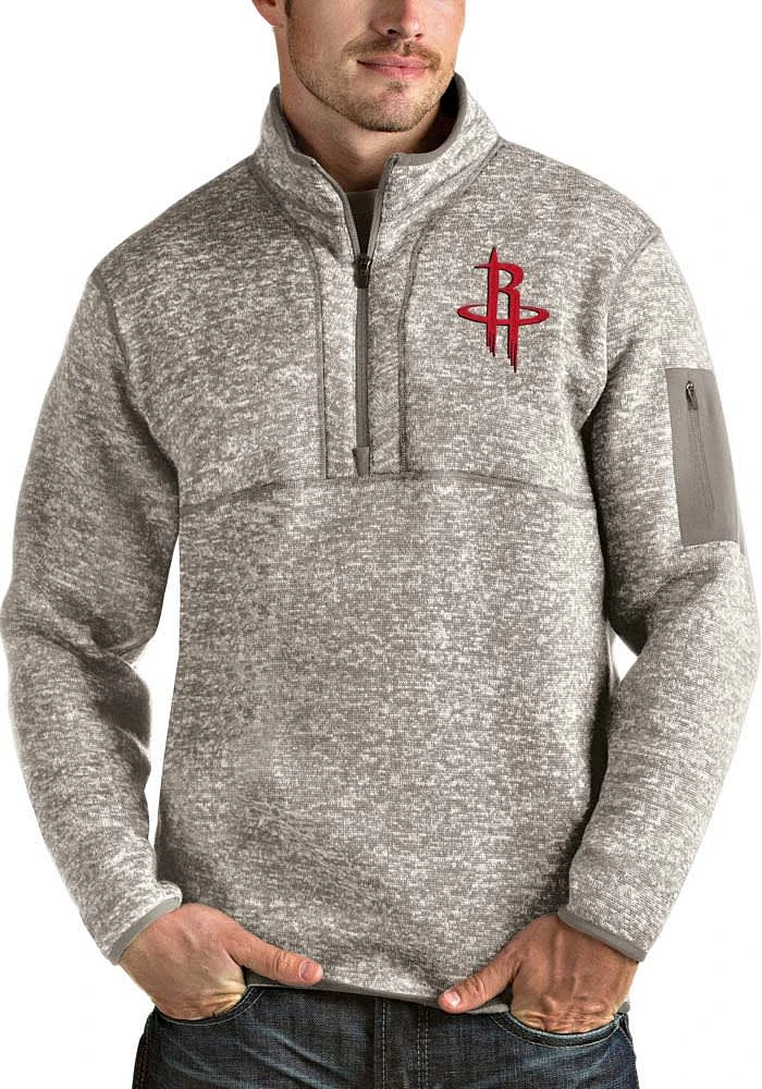 Antigua Houston Rockets Mens Oatmeal Fortune Long Sleeve Qtr Zip Pullover