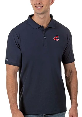 Antigua Cleveland Guardians Mens Navy Blue Legacy Pique Short Sleeve Polo