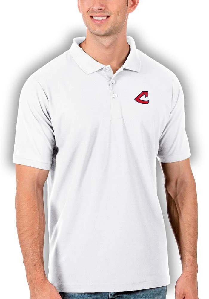 Antigua Cleveland Guardians Mens White Legacy Pique Short Sleeve Polo