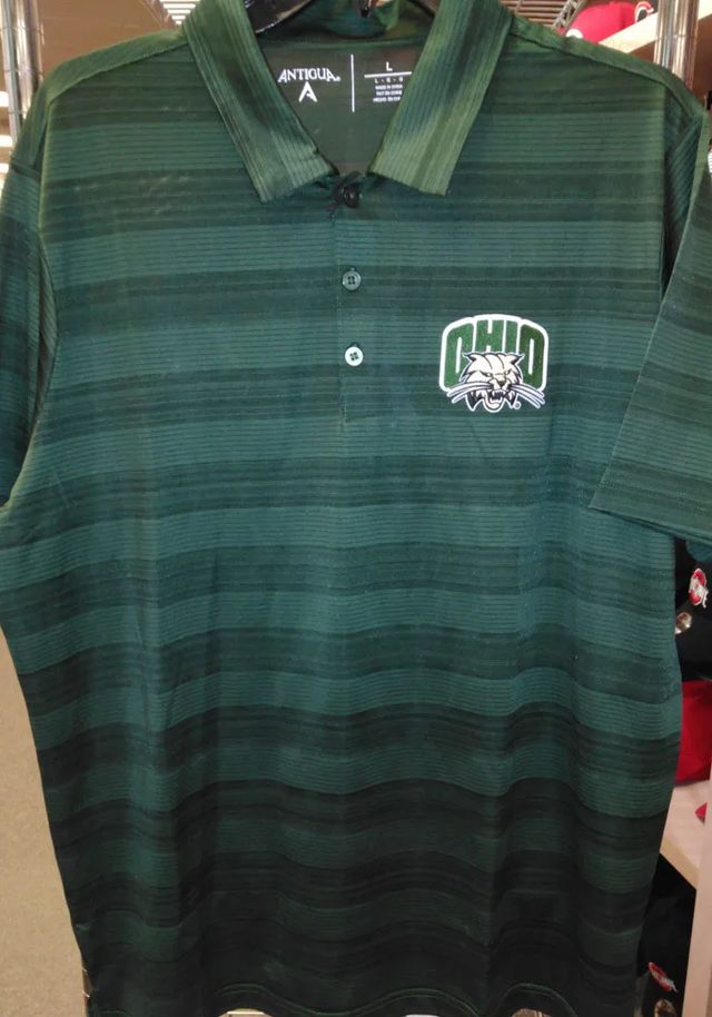 Antigua Ohio Bobcats Mens Green Compass Tonal Stripe Short Sleeve Polo