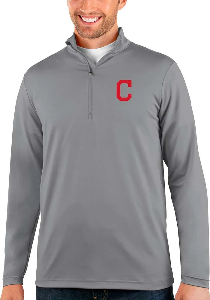 Antigua Cleveland Guardians Mens Grey Rally Long Sleeve Qtr Zip Pullover