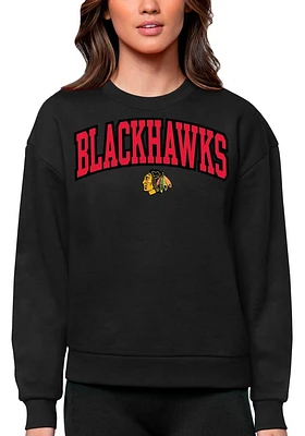 Antigua Chicago Blackhawks Womens Black Script Victory Crew Sweatshirt