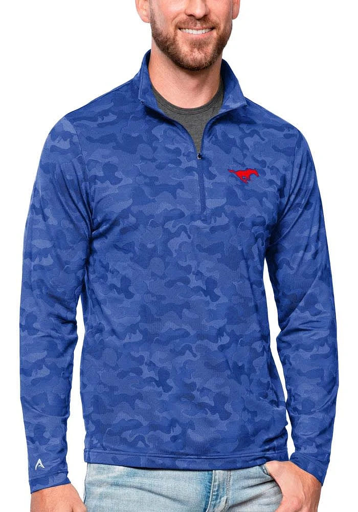 Antigua SMU Mustangs Mens Blue Brigade Long Sleeve Qtr Zip Pullover