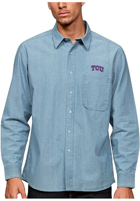 Antigua TCU Horned Frogs Mens Light Blue Chambray Long Sleeve Dress Shirt